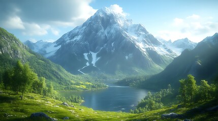 Fototapeta premium Majestic snow-capped mountain overlooking serene lake and lush valley.