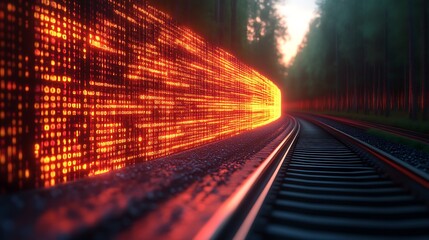 Forest rail digital code data stream sunset
