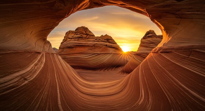 A golden sunrise over an otherworldly desert with spiraling rock formations