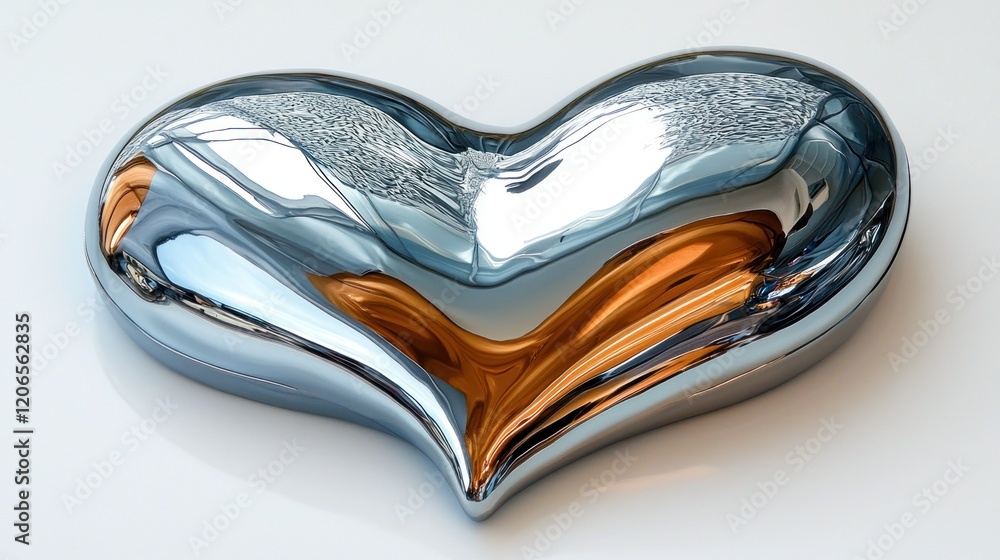 Poster reflective metallic heart: a close-up of a polished, heart-shaped object with a gradient of silver a