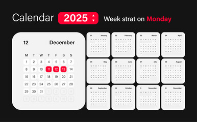 Calendar 2025 application style and the week starts on Monday