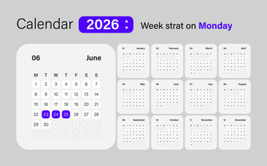 Calendar 2026 application style and the week starts on Sunday