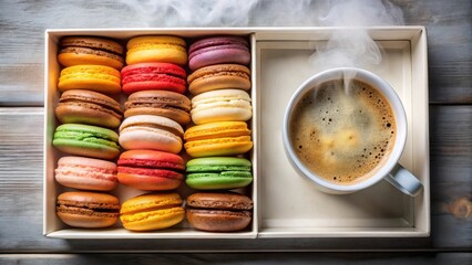 Aromatic Coffee and Colorful Macarons in an Elegant Box