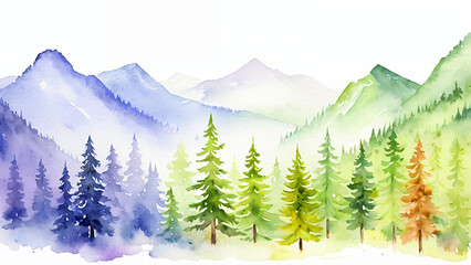 Obraz premium watercolor forest landscape with pine trees and mountains