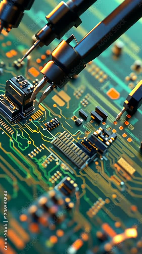 Aufkleber close-up of a technician working on a detailed circuit board in a lab setting with tools and equipme
