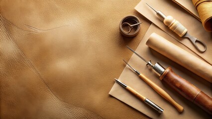 Naklejka premium Artisan Leather Crafting Tools and Materials on Tan Hide