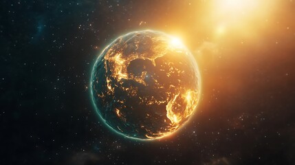 Naklejka premium A glowing Earth surrounded by cosmic elements in space.