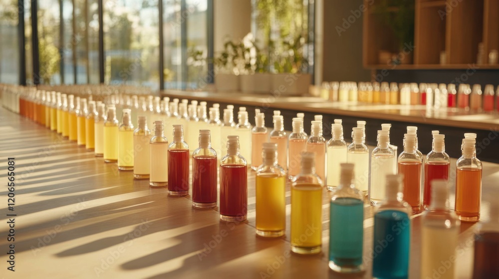 Poster colorful array of bottles filled with liquids displayed on a sunlit table in a modern space