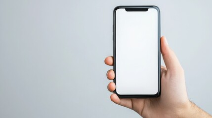Person holding a smartphone with a blank screen in a casual setting indoors