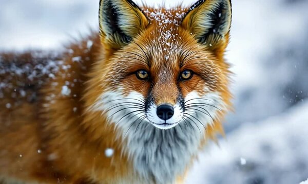 Portrait of a red fox with sharp gaze and vibrant fur during a snowy day in the wilderness.