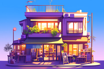 Fototapeta premium Vibrant sunset illuminates a cozy caf? with outdoor seating, surrounded by lush greenery and city life.