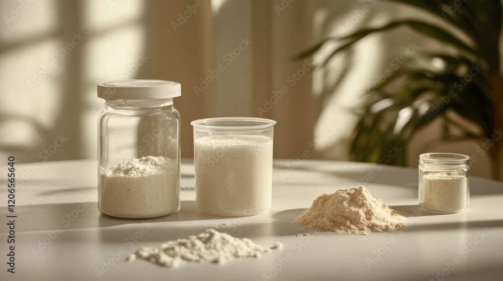 Poster various types of flour displayed in clear containers on a bright table with natural light