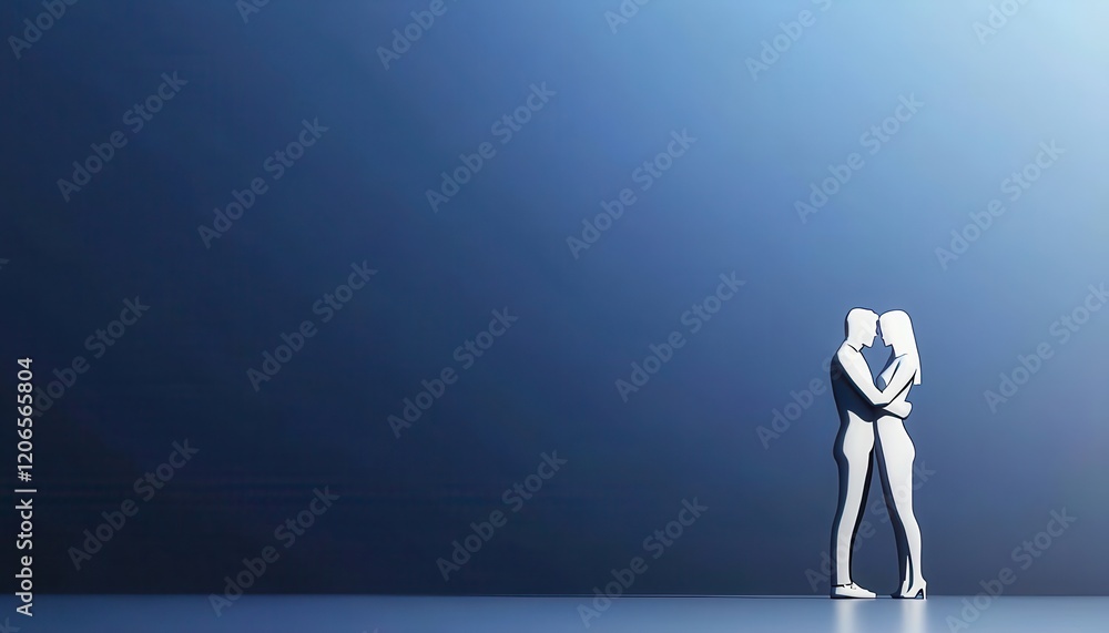 Poster a minimalistic image of two abstract figures embracing against a soft blue background, symbolizing c
