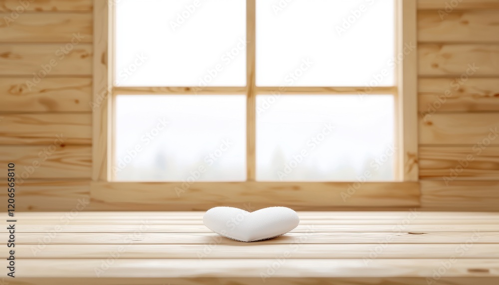 Poster a serene wooden interior features a white heart shape centered on a table with soft light filtering 