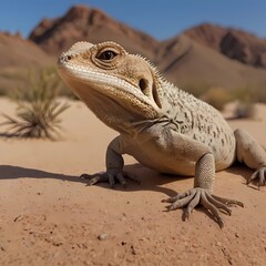 Fototapeta premium A desert lizard with scaly and patterned skin sits on the sand against a backdrop of rocky mountains. The lizard is detailed and vivid, showing its unique skin texture.