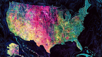 Vibrant abstract map of the USA, showcasing diverse geographical features and data visualization.
