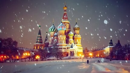 Fototapeta premium Saint Basils Cathedral Snowfall Winter Night Moscow