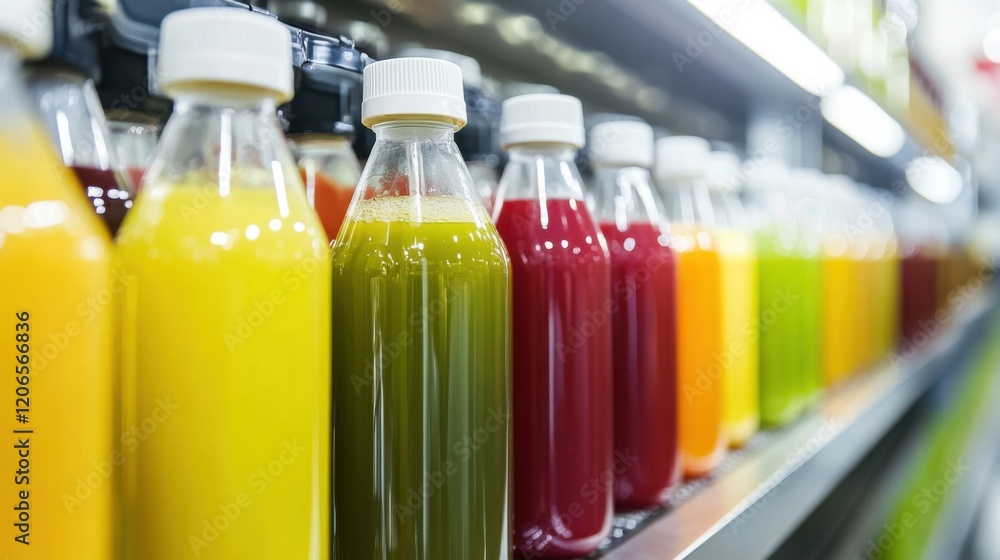 Poster colorful assortment of juice bottles displayed on a shelf in a vibrant store setting (1)