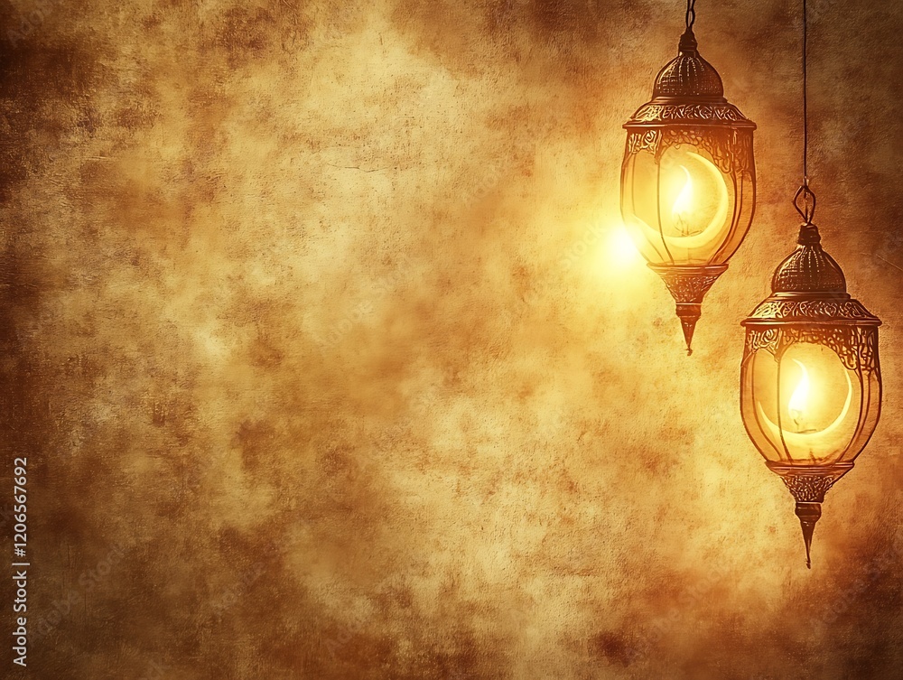 Poster illuminated hanging lanterns against a rustic background
