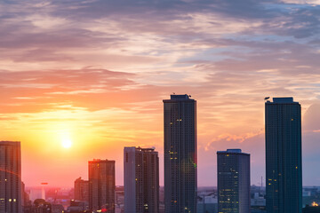 Fototapeta premium Panoramic skyline and modern commercial buildings with sunset views