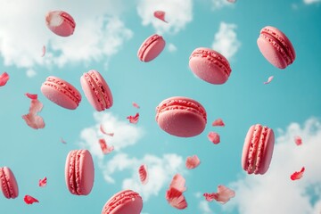 Fototapeta premium Pink Macarons Falling Through a Sky of Clouds
