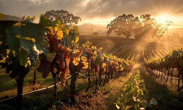 A serene vineyard at sunset, showcasing ripe grapes and lush greenery under a golden sky.