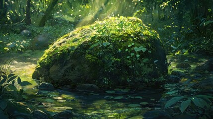 Mossy rock in a sunlit forest stream.