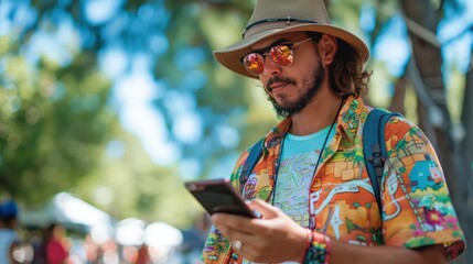 Fototapeta premium Festival Attendee Using Augmented Reality Navigation in a Vibrant Outdoor Environment
