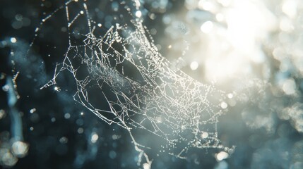 Intricate spiderweb backlit by sunlight, bokeh effect.
