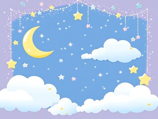 Fototapeta premium A whimsical night sky scene with crescent moon stars and clouds