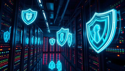 Futuristic Server Room: Neon Shields & Impenetrable Security web glow 