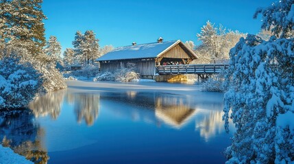 Fototapeta premium Snowy Covered Bridge and Lake