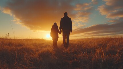 Fototapeta premium Two Silhouetted Figures Walking Hand in Hand Through a Sunset Field