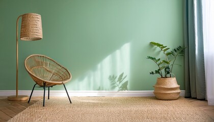 Empty Pastel Green Wall Mockup in Scandinavian Interior with Woven Rattan Chair and a Minimalist Floor Lamp. Natural Daylight From a Window. Promotion Background.