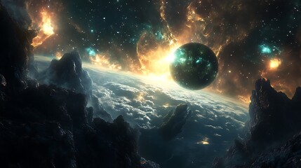 A stunning cosmic landscape featuring a planet and nebulae.