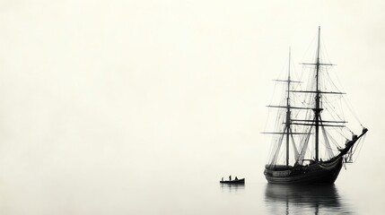 Obraz premium A serene silhouette of an old ship anchored in calm waters, accompanied by a small boat, set against a muted, foggy background.