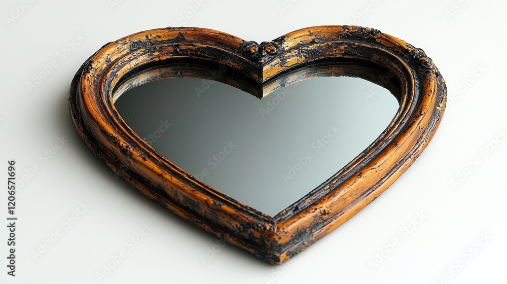 Poster rustic heart-shaped mirror with distorted reflection on white background