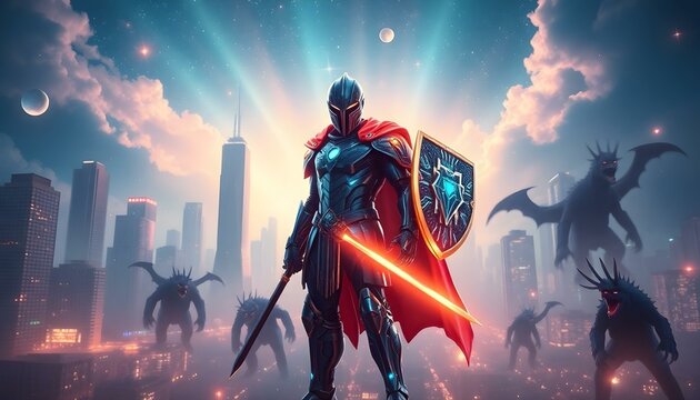 Fototapeta Cyberpunk Avatar: Digital Guardian in Neon Metropolis vr city hero    