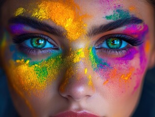 A close-up portrait of a person s face covered in vivid Holi powders, set against a deep shadow background for striking contrast