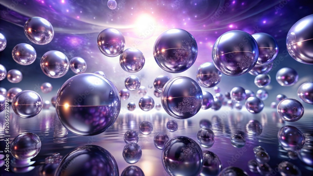 Wall mural reflective spheres floating in a cosmic nebula, illuminated by a distant light source, creating a st