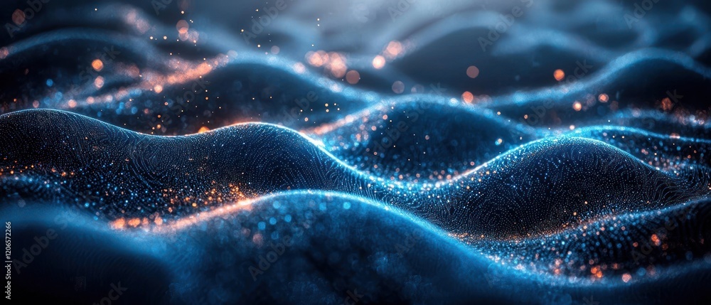 Poster luminous blue and orange particle waves abstract background