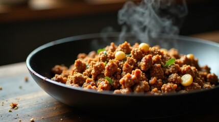 Aromatic Spiced Grain Bites Served in a Dark Bowl with Garnish and Steam