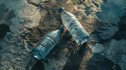 Two discarded plastic water bottles lie on cracked asphalt. Illustrates pollution, environmental issues, and waste.