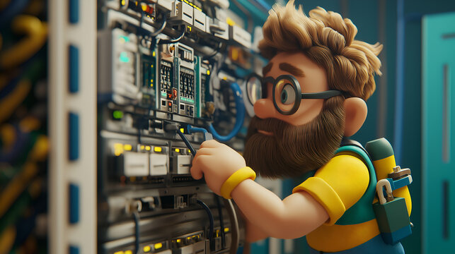 IT Specialist Working On Server Racks in A Data Center. 3D cartoon character illustration, high definition