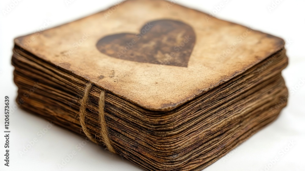 Poster rustic stack of heart-imprinted papers bound with twine, evocative of nostalgia and sentimental memo