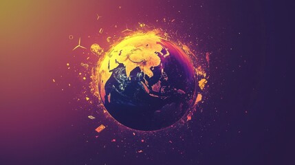 Digital Tech Illustration of Earth with Climate Innovation Icons