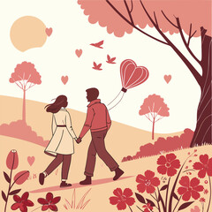A couple holding hands and walking through a park filled