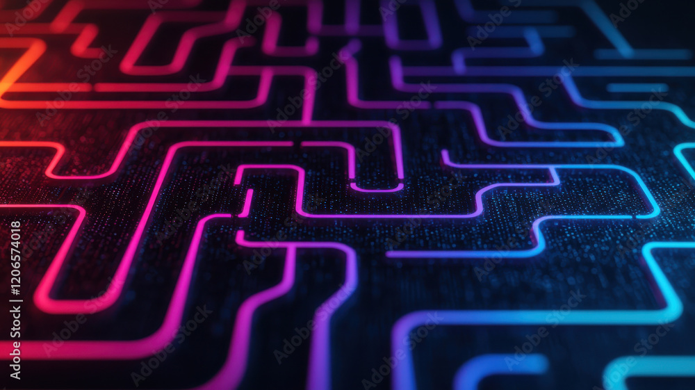 Poster background of futuristic glowing pathways create vibrant maze design on dark surface