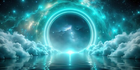 Fototapeta premium Ethereal Celestial Portal Reflecting on Calm Waters, Surrounded by Dreamlike Clouds and Stars