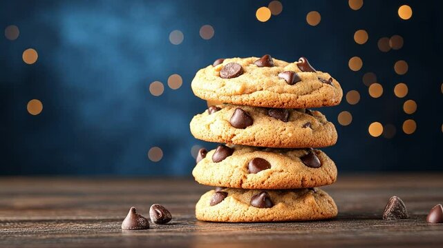 Delicious stack of chocolate chip cookies with bokeh background